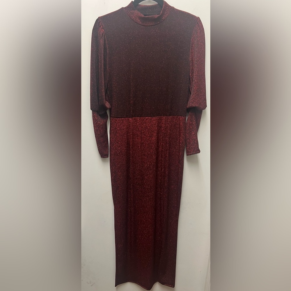 SHEIN Belle Burgundy Red high Neck Glitter maxi long sleeve dress size S